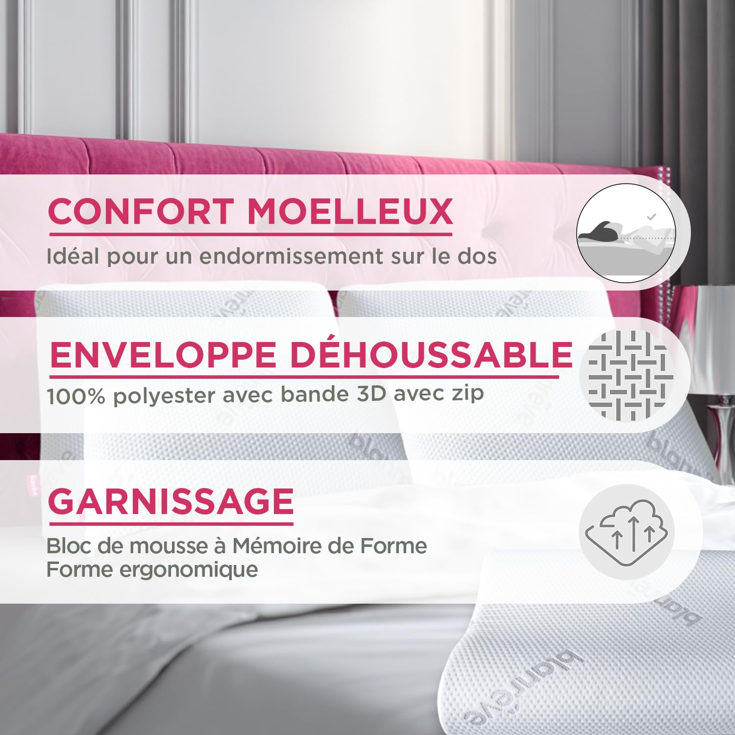 Blanrêve - Oreiller à Mémoire de Forme - Confort Moelleux - 55x35cm