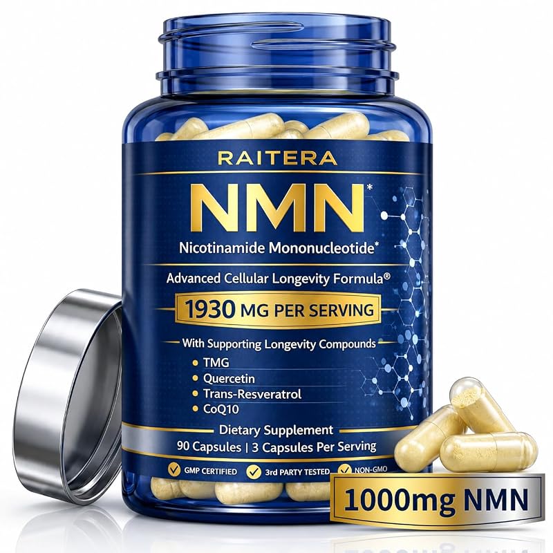 Raitera Suplemento de NMN com quercetina, TMG, trans-resveratrol, ALA, CoQ10 e apigenina 1.000 mg 90 cápsulas