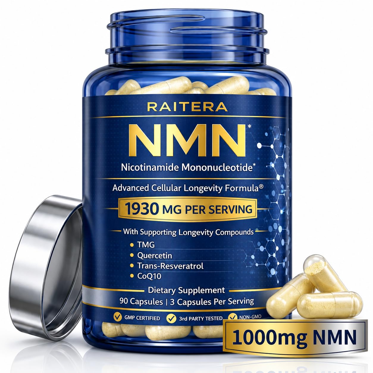 NMN Supplement 1000mg – 10-in-1 Advanced NAD+ Support with Quercetin, TMG, Resveratrol, ALA, CoQ10 & Apigenin – NMNH Alternative for Women & Men – Supports Cellular Energy & NAD+ Levels – 90 Capsules