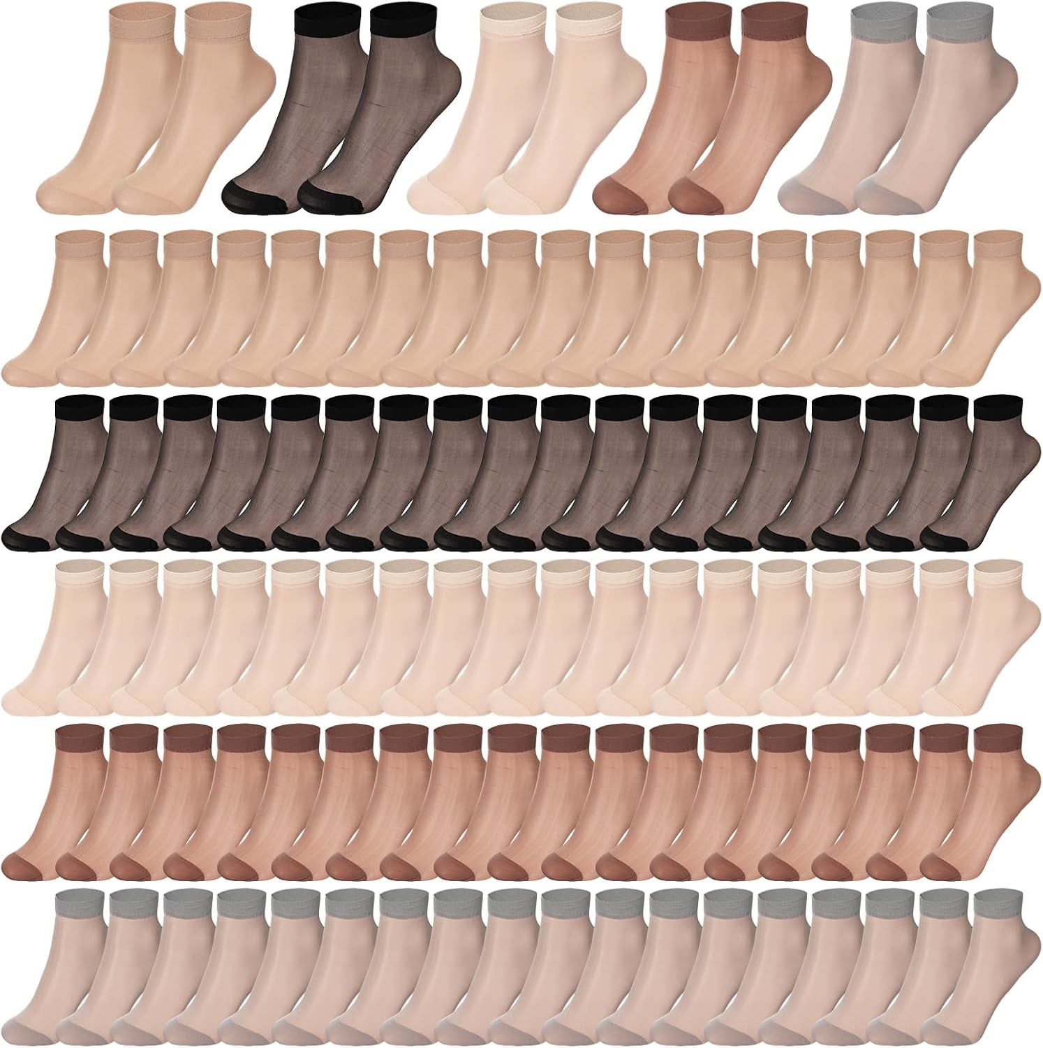 150 Pairs Women's Ankle High Sheer Socks for Women, Ultra Thin Nylon Socks Nude Ankle Stocking with Reinforced Toe (5 Colors)