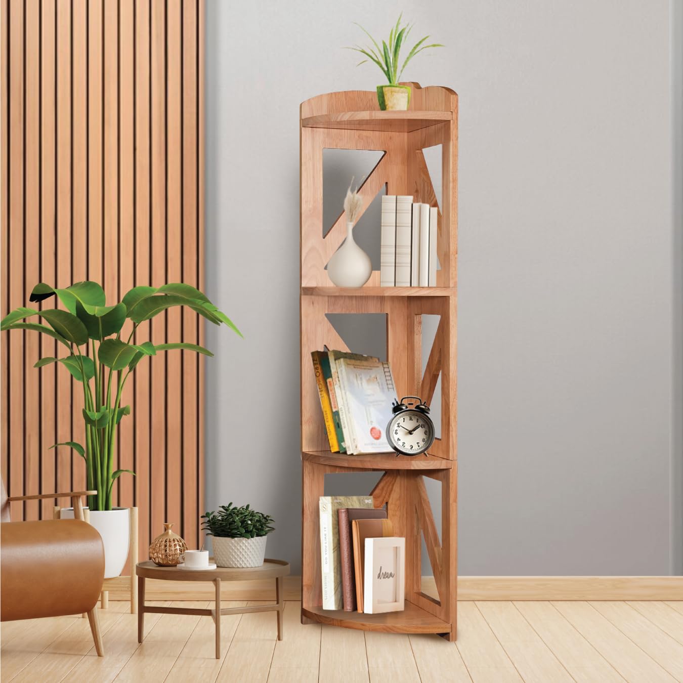 Corner Shelf Stand, Corner Bookshelf, Small Corner Shelves by Natural Wood, Plant Stand, Corner Bookcase for Living Room, Home Office, Bedroom, (Natural, 4 Tier)