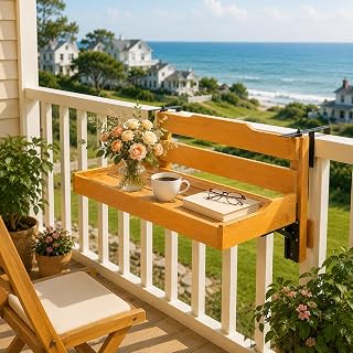 The Folding Balcony Table is a wall-Mounted Wooden Folding Table with a Space-Saving Design and Hooks, Making it Convenient for use on Indoor and Outdoor Balconies.Balcony Table