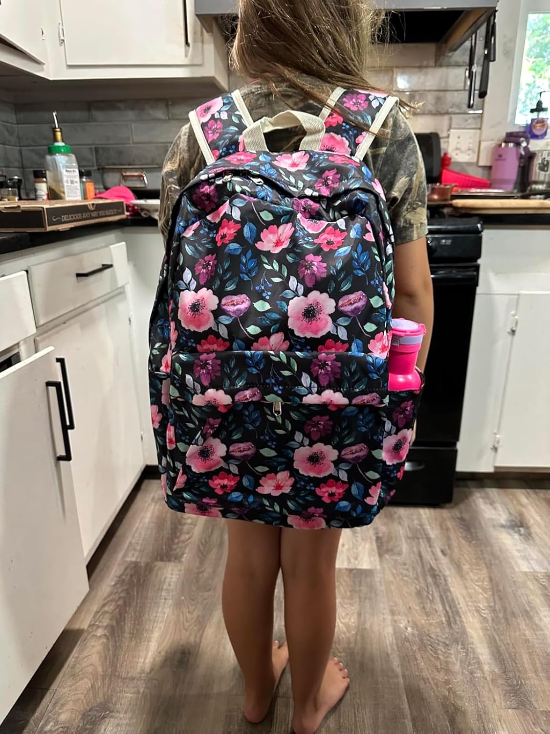 DSIUE Kids Backpack for Girls Elementary BookBags Teens Middle School Backpack with Lunch Box Flower Black