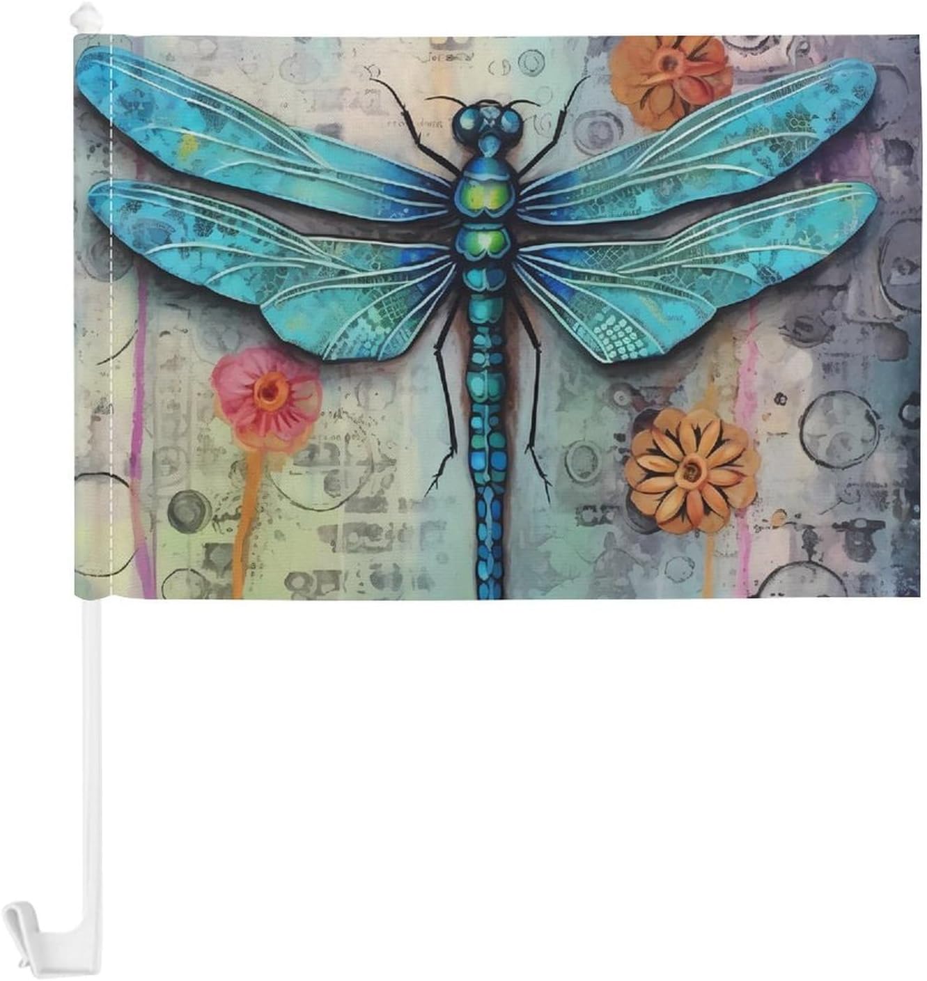 Vintage Blue Dragonfly Car Flag Polyester Clip Flags Mini Handheld Banners for Auto Outside Travel Decor
