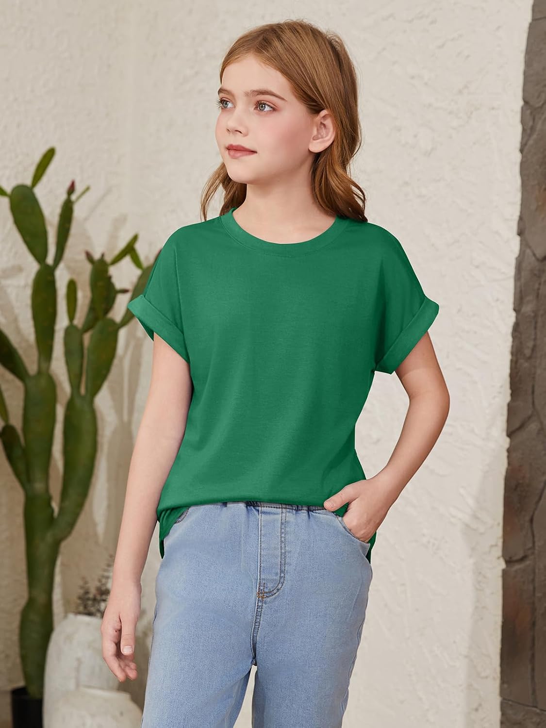 ZDC Girls Short Sleeve T Shirts Kids Crewneck Curve Hem Soft Tunic Tops Summer Tees 5-14 Years