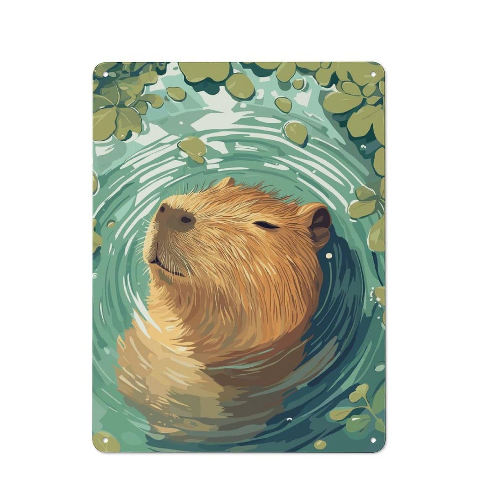 Junmoney Style-10 Capybara In Water With Leaves Rustic Metal Plaque 40X30cm For Living Room Wall, Suited To Home Wall Decor Collectors
