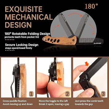 1PC Small Folding Pocket Beard & Mustache & Hair Styling Comb for Men - Metal Tactical Grooming Tool with Wooden Handle for Travel & Home Use - Idea for Stocking Stuffers - Length 6.57inch - Black