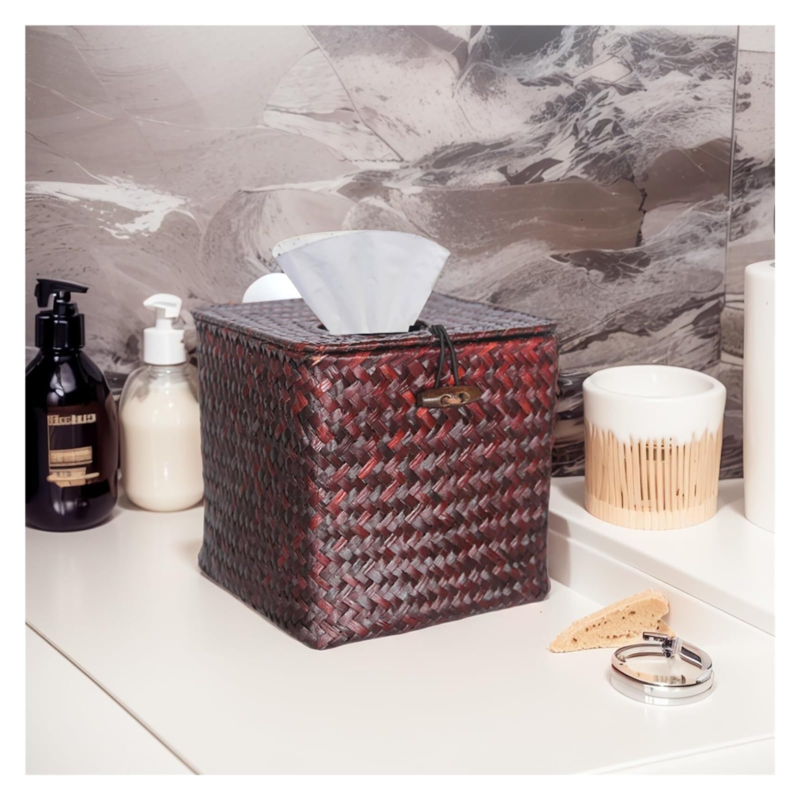 Kosmetiktuch-Spenderbox Taschentuchbox, quadratischer Halter gewebter, dekorativer Bezug, Würfeletui Must-Haves für die Wohnung(Red Brown)