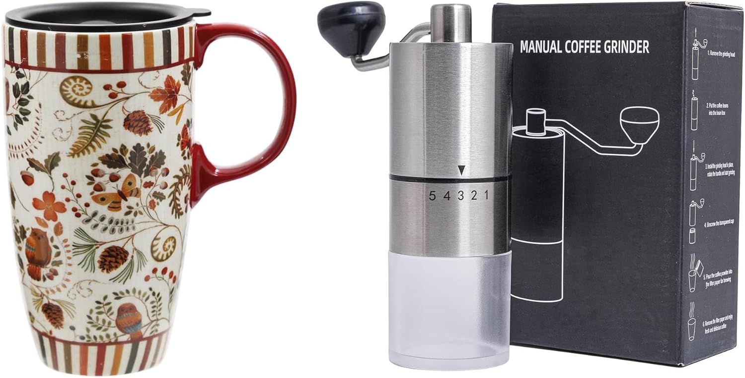 Topadorn 17 oz Tall Ceramic Travel Mugs Coffee Cup & Manual Coffee Grinder, Set of 2
