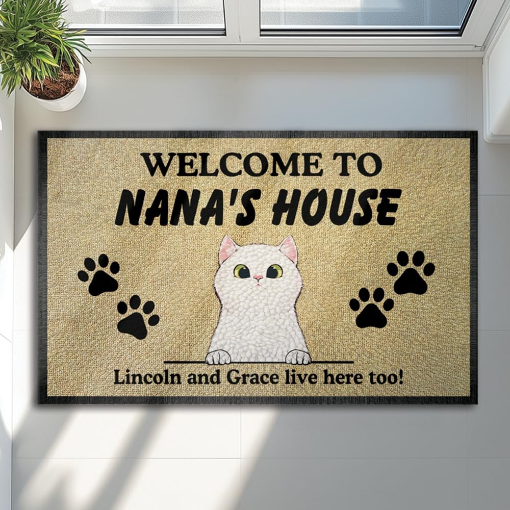 Personalized Cat Welcome Non-Slip Mat – Custom Doormat for Cat Lovers with Pet Name and Owner – Cute Indoor Outdoor Entry Non-Slip Rug for Home, Porch, or Apartment – Funny Gift for Cats Moms & Dads