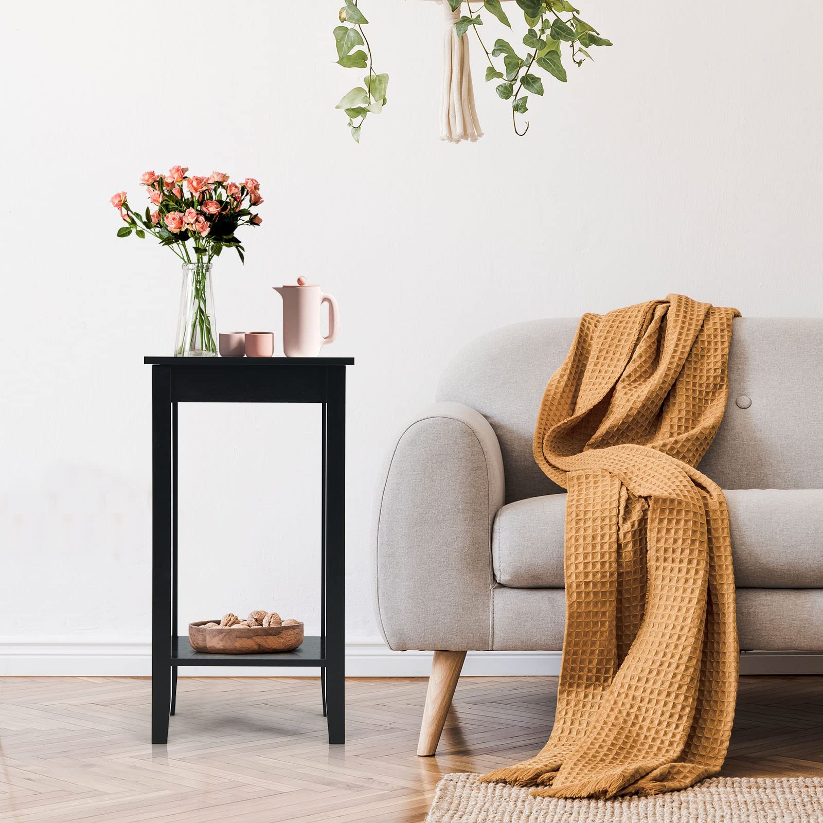 COSTWAY Set di 2 Tavolini da Salotto Alti a 2 Livelli Aperti, Tavolino Comodino in Legno di Pino Massicio, Tavolino Moderno Portaoggetti per Soggiorno e Camera da Letto, 40 x 30 x