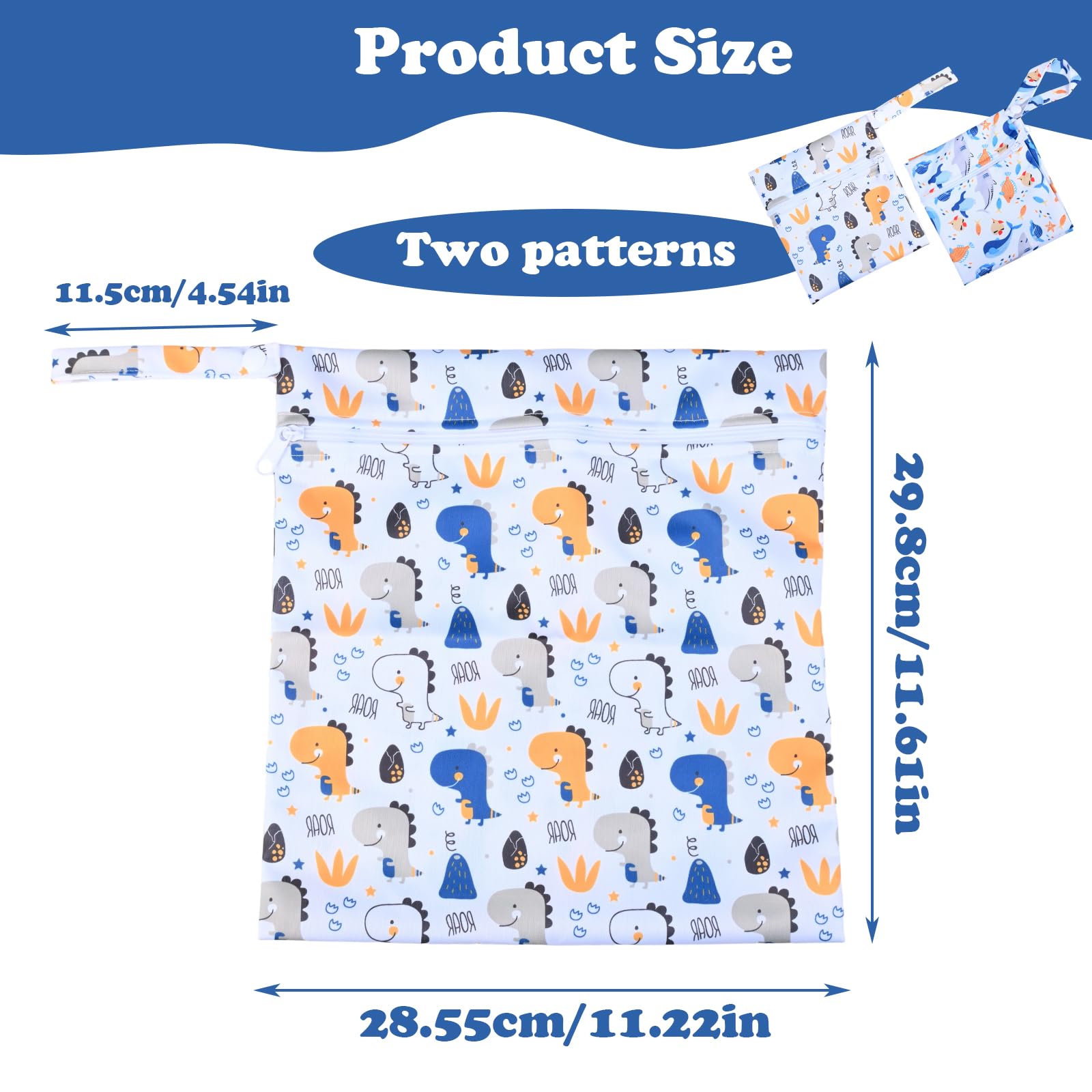 Wetbag Pannolini Riutilizzabile 2 Pezzi Porta Pannolini E Salviette 28x30 cm Modelli Dinosauri E Balene
