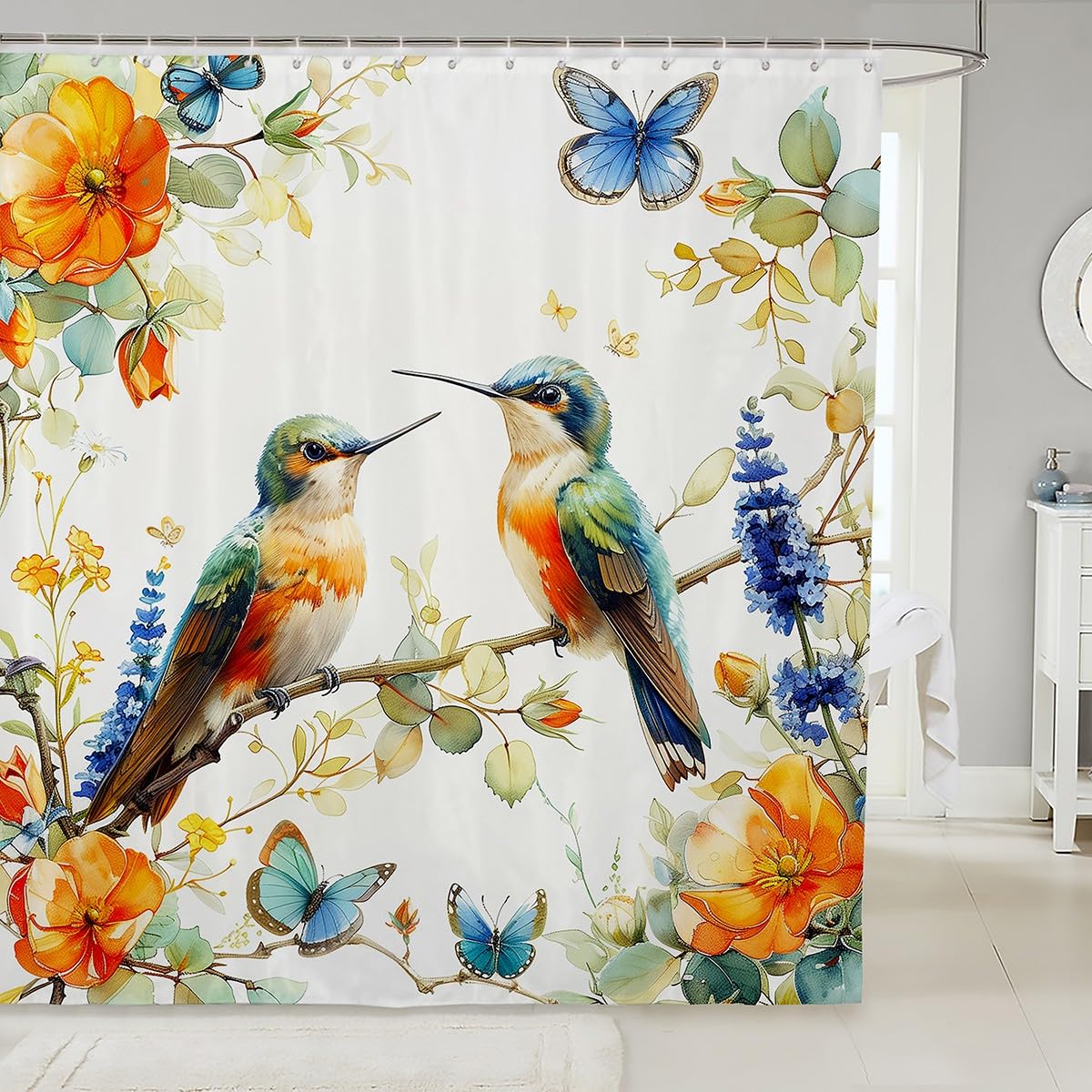 Kids Butterfly Hummingbird Shower Curtain 72" W X 72" L for Girls Women Flowers Plant Fabric Shower Curtain,Tropical Birds Floral Bathroom Shower Curtain Sets Farmhouse Garden Bathroom Accessories