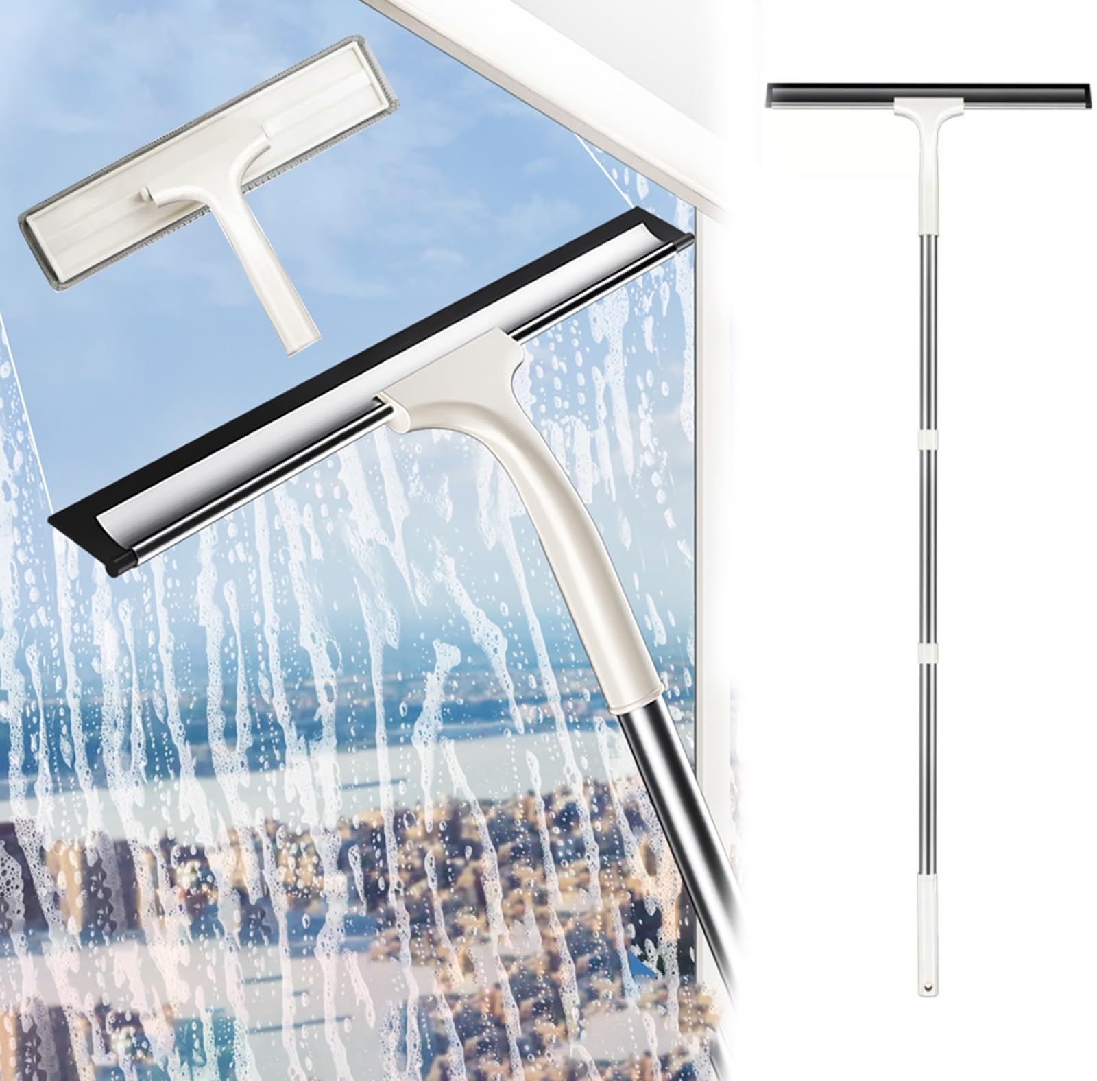 Kit profesional de limpieza de ventanas con herramienta de escobilla de poste extensible, cuchillas y mango para ventanas, techos, suelos de techo, superficies exteriores de coche, máquina limpiadora