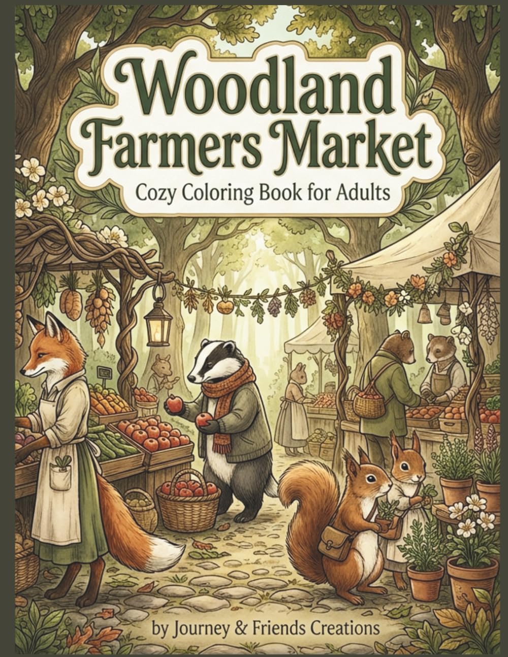 Woodland Farmers Market: Cozy Coloring Book for Adults: Cottage Core Forest Themed Coloring Book, Intricate Detail Anthropomorphic Woodland Animals