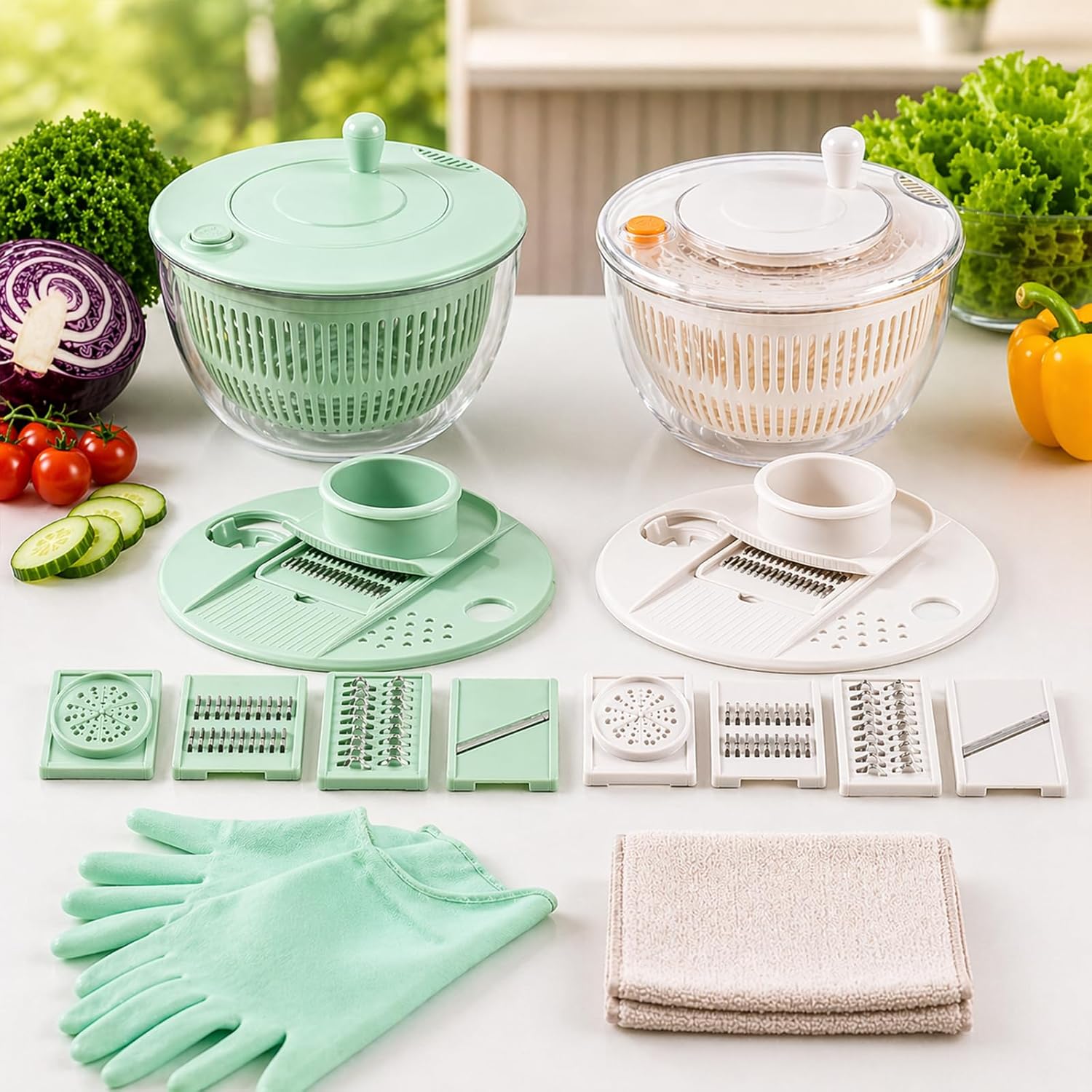 Large Capacity Multi-function Salad Spinner, 6-in-1 Salad Spinner & Vegetable Chopper, Vegetables Fruits Washing Bowl, With 5 Blade Slicer Egg Yolk Strainer Shredder (2PCS Transparent Version)