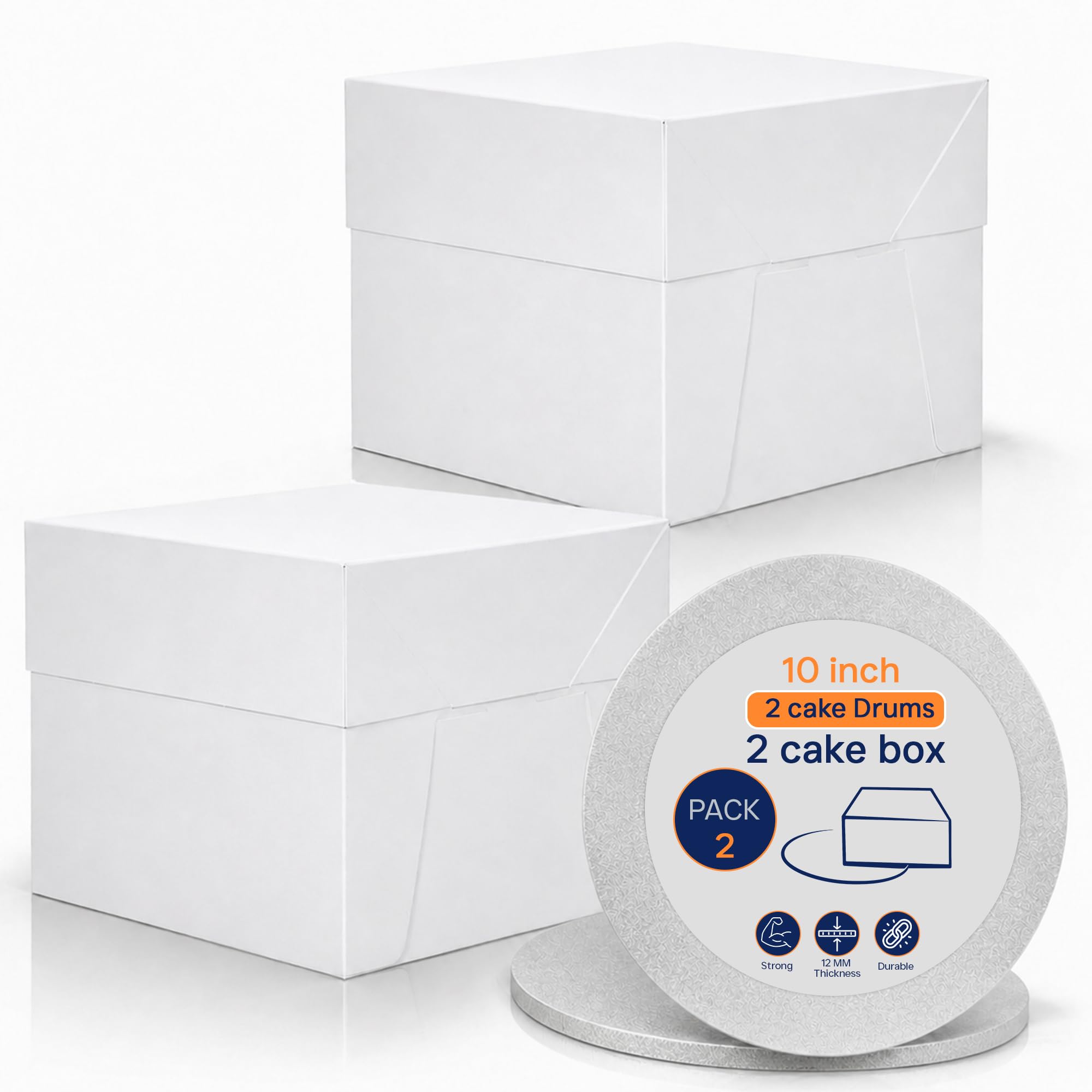 SAMZ Packaging 2 Pack Tall Cake Boxes 10x10x10 inch with 2 Round 12mm Silver Cake Boards – White Cake Box & Board Set for Tiered, Wedding & Celebration Cakes