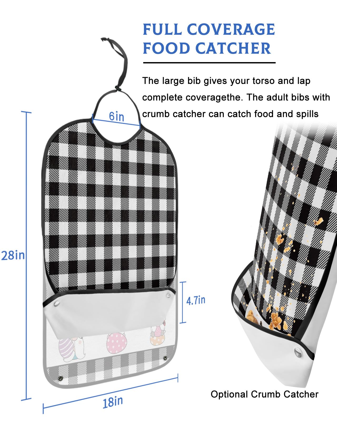 Spring Easter Adult Bibs for Eating, Waterproof Bibs with Food Catcher & Adjustable Snap Closure, Black and White Buffalo Plaid Gnomes with Eggs Clothing Protectors Adult Bibs for Elderly Women/Men