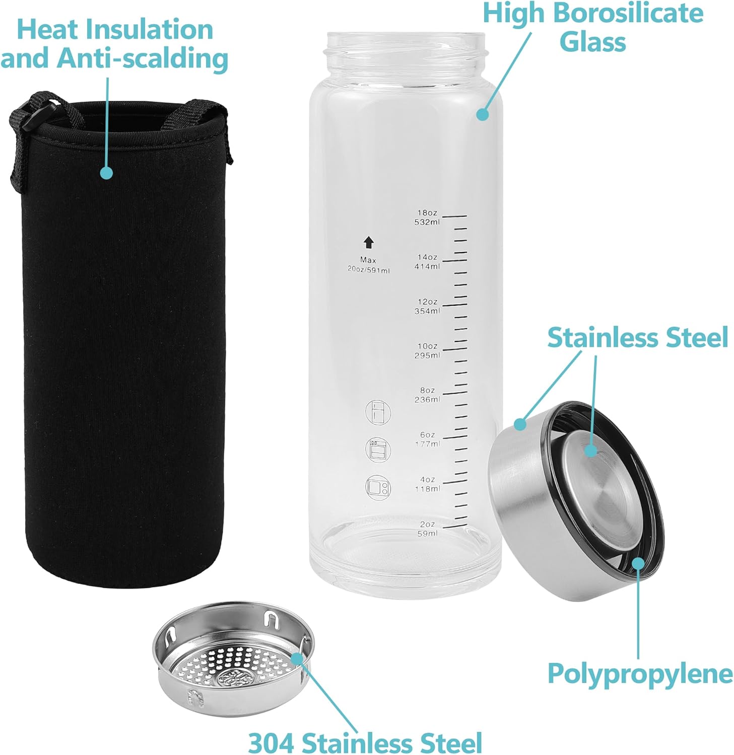 Glass Juice Water Bottles 4 Pack 20 OZ,Wide Mouth Glass Water Bottles with Lids and Sleeve,for Juicing, Smoothies, Milk, Protein, Reusable, Leak Proof, Shaker bottle