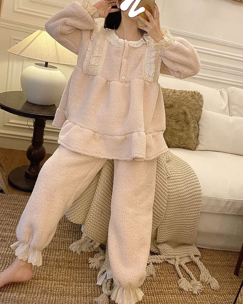 Donna Principessa Vittoriana Carino Dolce Sciolto Pigiama in Pile 2 Pezzi Top e Pantaloni Cozy Flanella Loungewear Sleepwear Tinta Unita Indumenti da Notte Abbigliamento per la casa