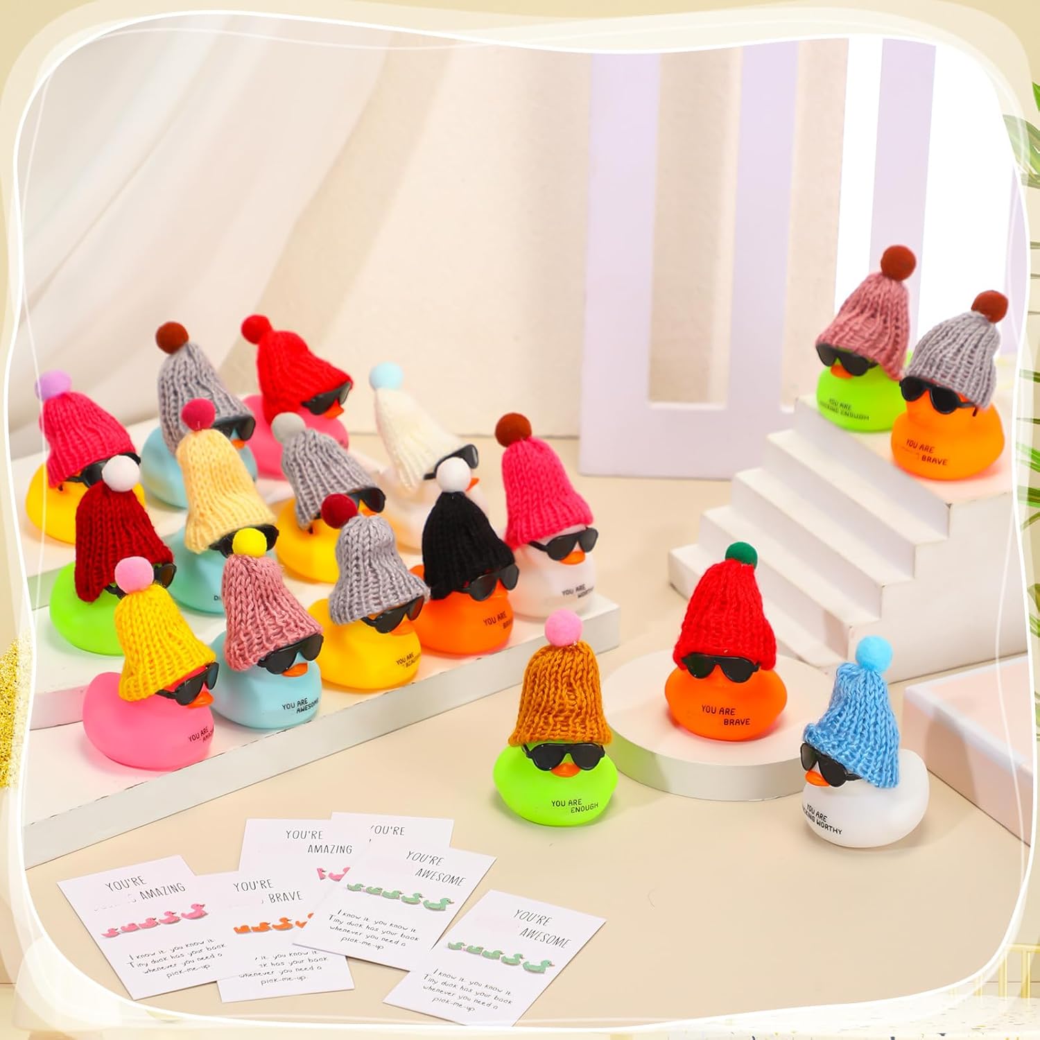 Liliful 2 Inch Rubber Employee Appreciation Gift Ducks Bulk with Hats Glasses You Are Awesome Sign Card for Staff Team Coworker Friends(108 Sets,Colorful)