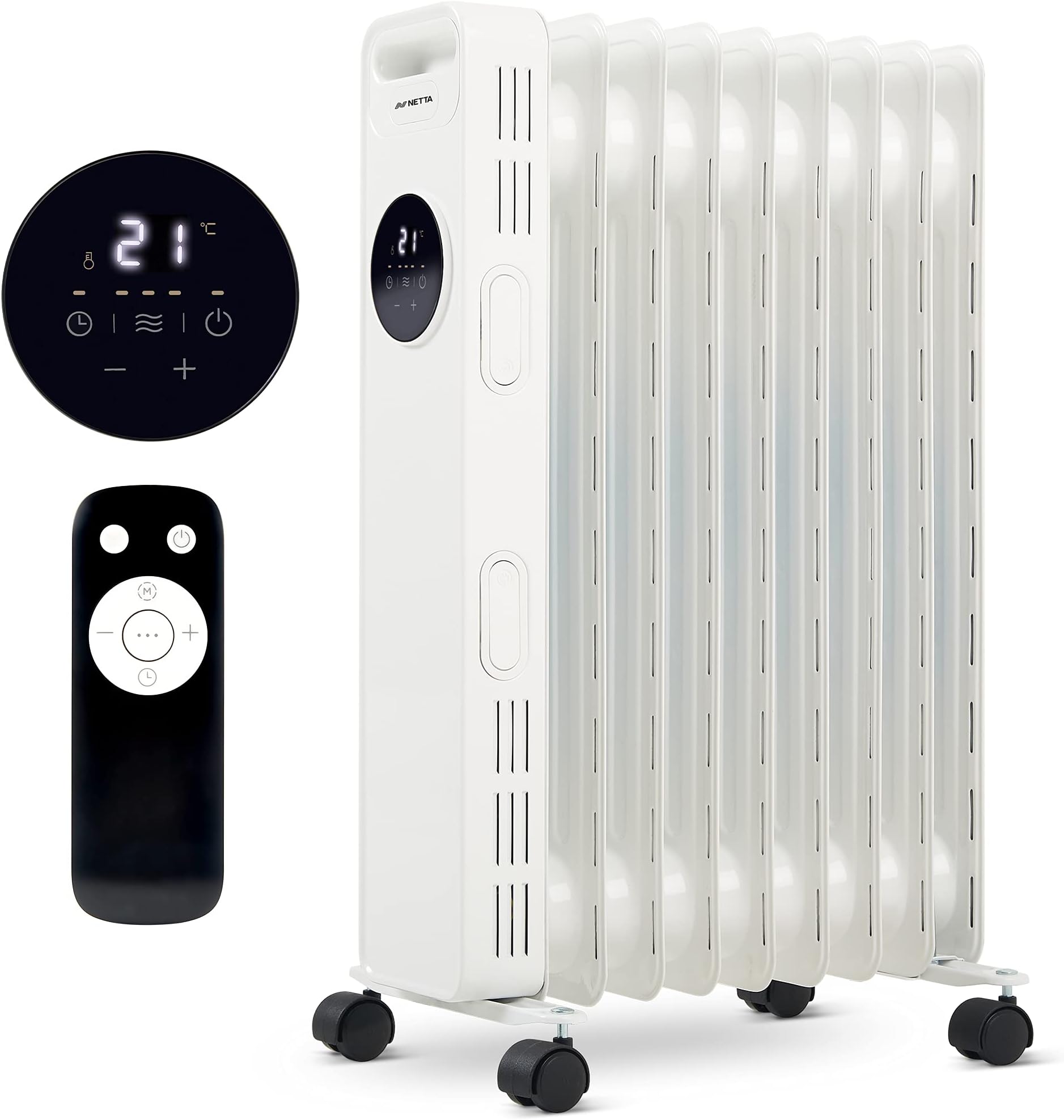 Oil Filled Radiator Heater 2000W with 24 Hour Timer, 3 Heat Settings, Remote Control, LED Digital Display, Overheating and Tip-Over Protection – 9 Fin, White