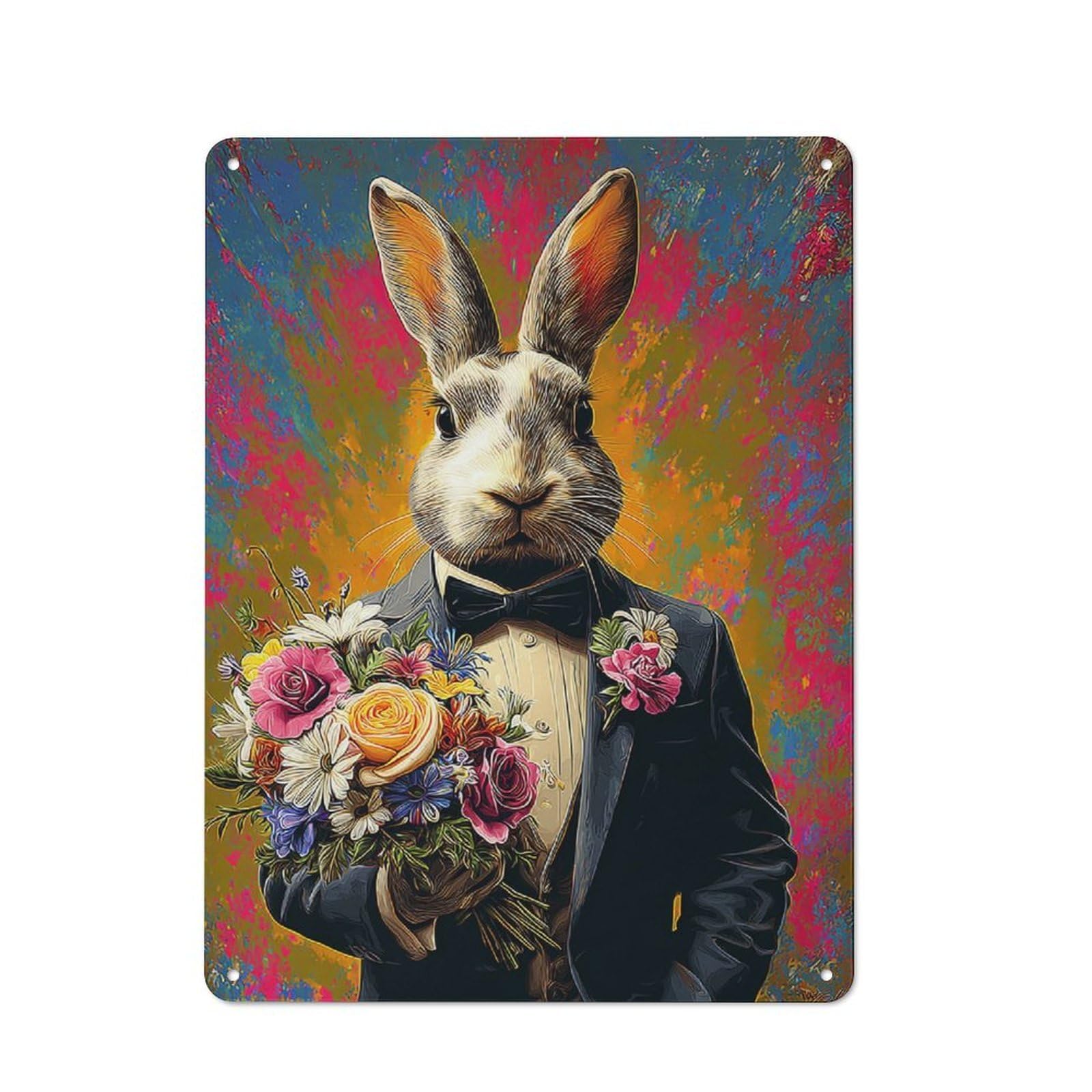 Junmoney Rabbit In Tuxedo With Floral Bouquet -2 Warehouse Style Tin Wall Sign 40X30cm Featuring Loft Wall Plaque For Loft, Studio, Office Or Creative Room