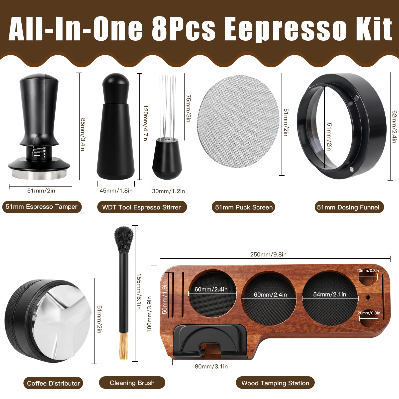 Juego de Prensador de Café de 51 mm,Herramienta de Accesorios de Máquina de Café con Estación de Prensado,Nivelador,Herramienta WDT,Anillo Dosificador,Cepillo,Filtro Puck Screen,Varilla – Para Máquina