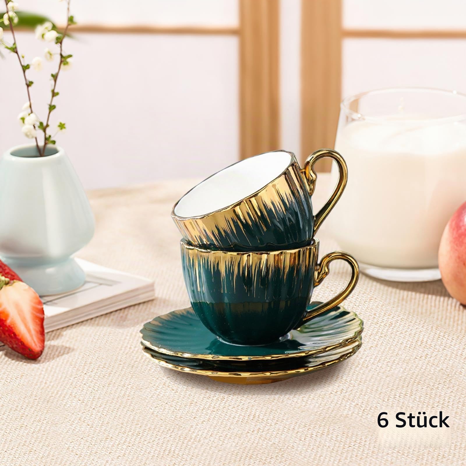Cappuccino-Tassen mit Untertassen, 6er-Set, Kaffeetasse aus Porzellan mit Goldrand, für doppelten Espresso, Latte, Café Mokka, Tee