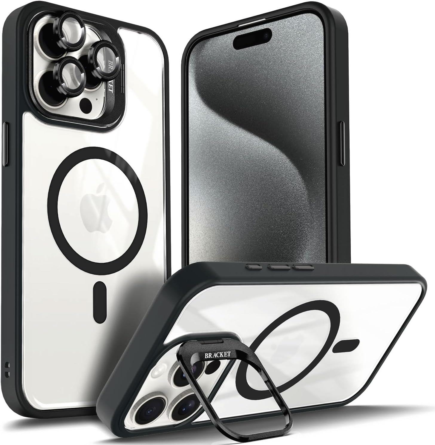 YZB Designed for iPhone 12 Pro-Max Case, Black | Magnetic Compatible with MagSafe | Built-in Stand & Camera Lens Protector | Anti-Yellowing & Scratch-Resistant Crystal Clear Back Cover