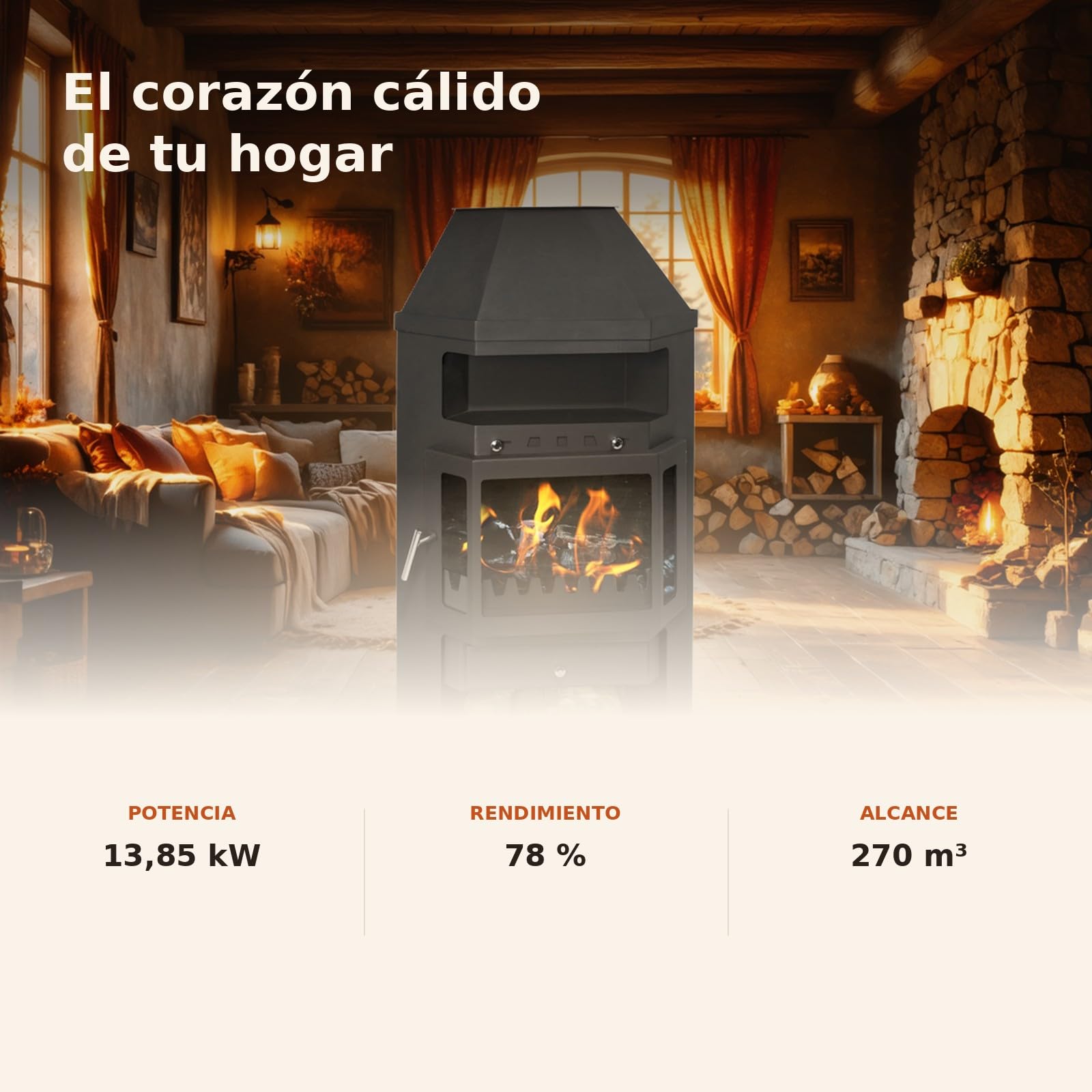 EIDER BIOMASA Estufa de Leña LINAM ESQUINA – 13,85 kW – Rendimiento 78% – Hasta 270 m³ – Doble Combustión – Certificada CE