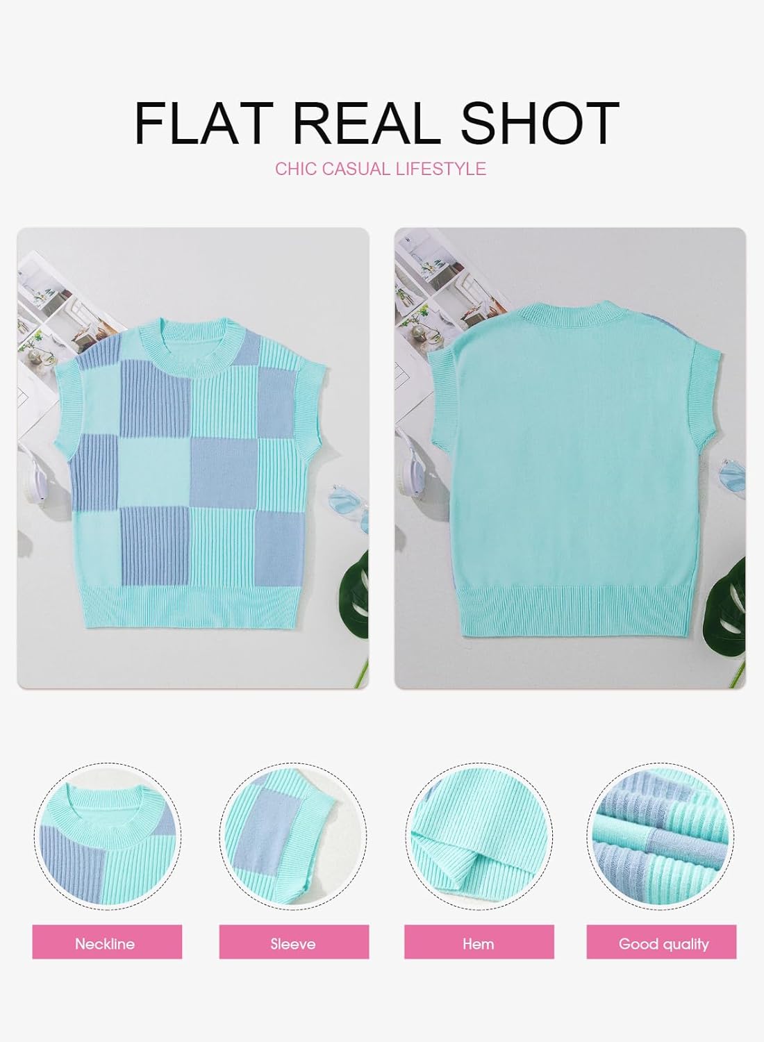 EVALESS Short Sleeve Sweater for Women Crewneck Color Block Knit Tops 2026 Spring Trendy Cap Sleeve Sweater Vest - Image 5