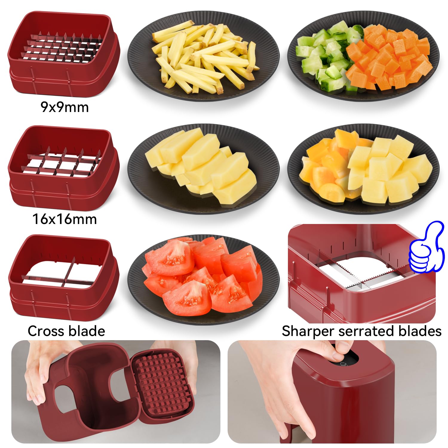 Picador multifuncional de verduras, color rojo, 3 cuchillas intercambiables, cortador de papas fritas con recipiente y caja de almacenamiento, picador de alimentos para pepino, tomate 2