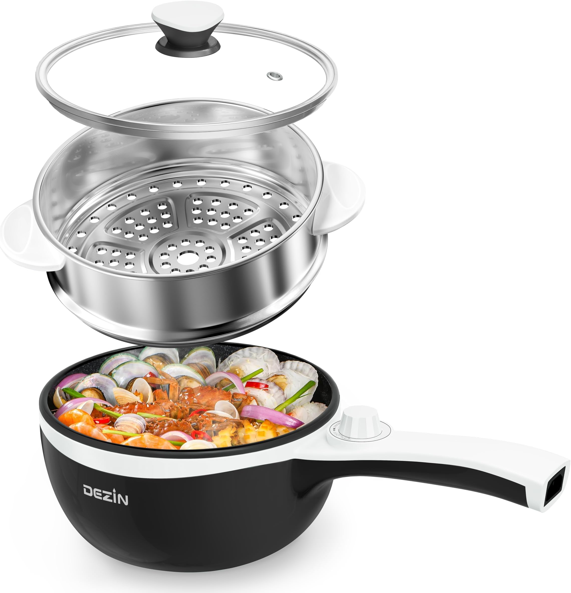 Dezin Hot Pot Electric With Steamer Upgraded, Non-Stick Sauté Pan, Rapid Noodles Pot, 1.5L Mini For Steak, Egg, Fried Rice, Ramen, Oatmeal, Soup Power Adjustment