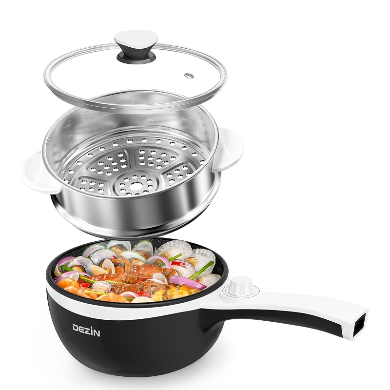 Dezin Hot Pot Electric with Steamer Upgraded, Non-Stick Sauté Pan, Rapid Noodles Electric Pot, 1.5L Mini Pot for Steak, Egg, Fried Rice, Ramen, Oatmeal, Soup with Power Adjustment