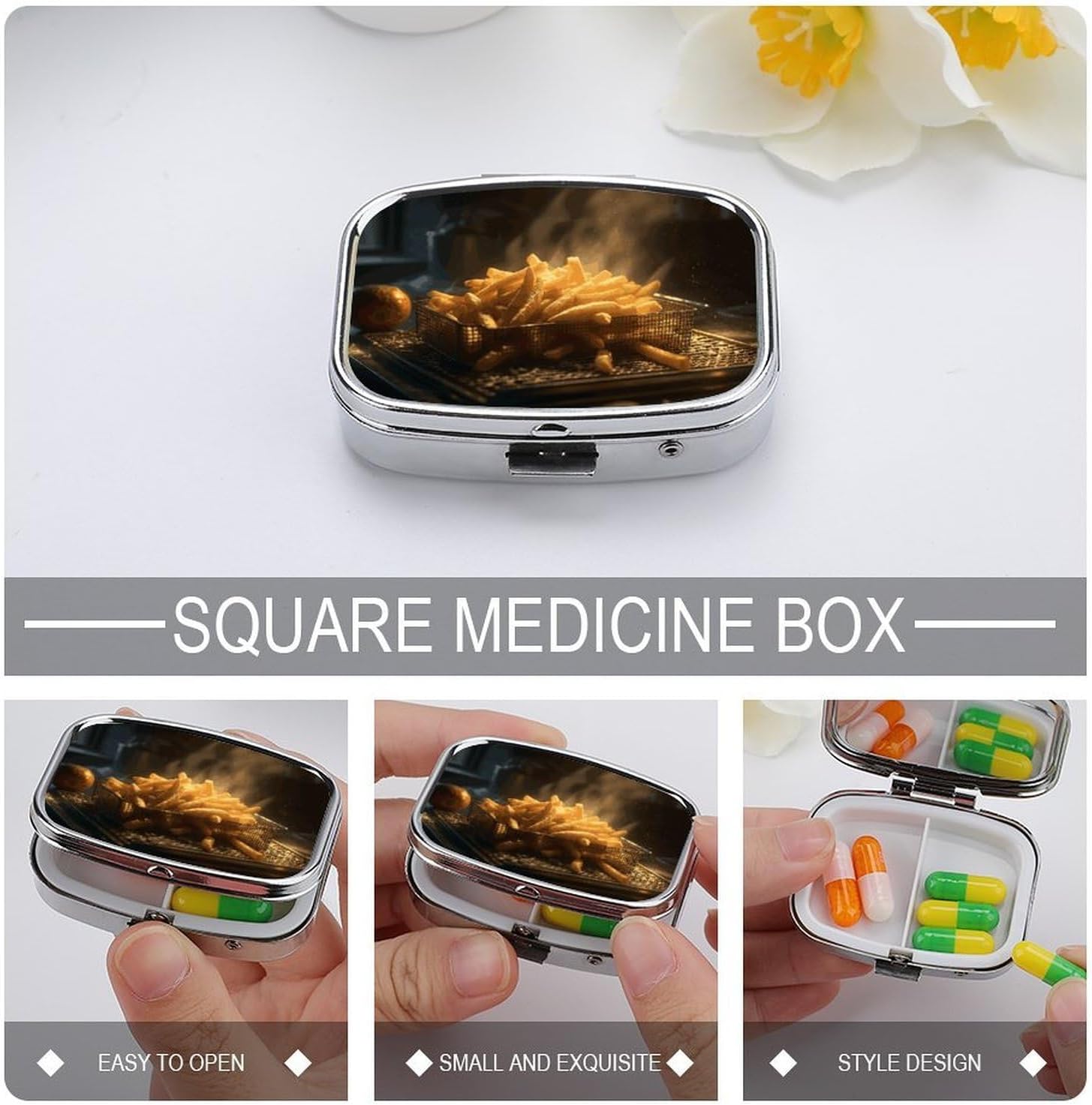 French Fries Square Pill Box with 2 Compartment & Mirror image 4