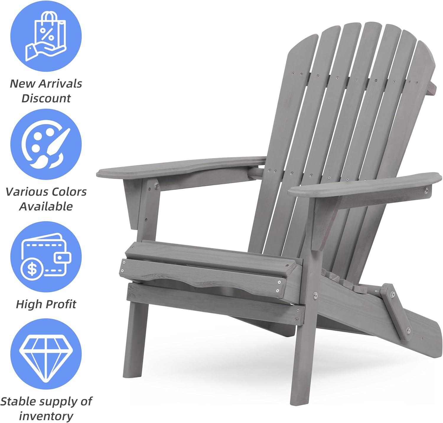 Adirondack Chair Set of 2, Outdoor Wooden Folding Patio Chair with Solid Cedar BackRest, Comfortable Lounge Chair for Patio, Deck, Yard, Lawn and Garden Seating Swimming Pool (Grey)