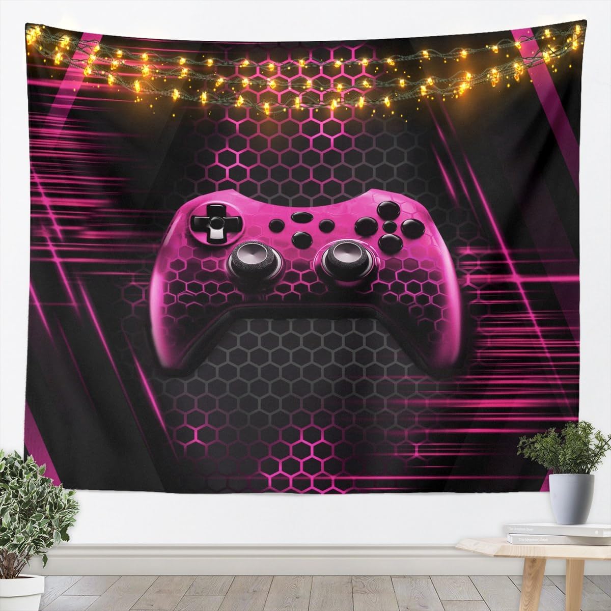 Gaming Gamepad Kids Tapestry,Video Games Controller Gamer Wall Tapestries,Boys Girls Men Room Decor,Geometric Honeycomb Light Neon Wall Hanging,Purple Chic Home Wall Decor,Small 51.2 x 59.1 Inches image 3