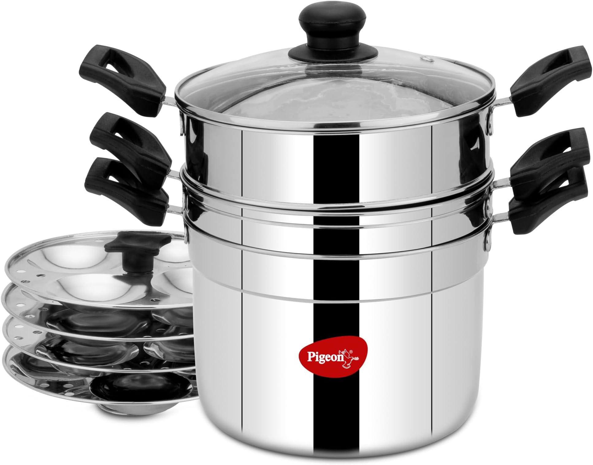 Pigeon All in One Multipurpose 4.5 liter Cookpot with Glass Lid Included Steamer and Strainer for Easy Cooking, Heavy Gauge Stainless Steel Idly Plates Inside, 4 Cavity (16 Idlies)|Induction and Gas Stove Compatible