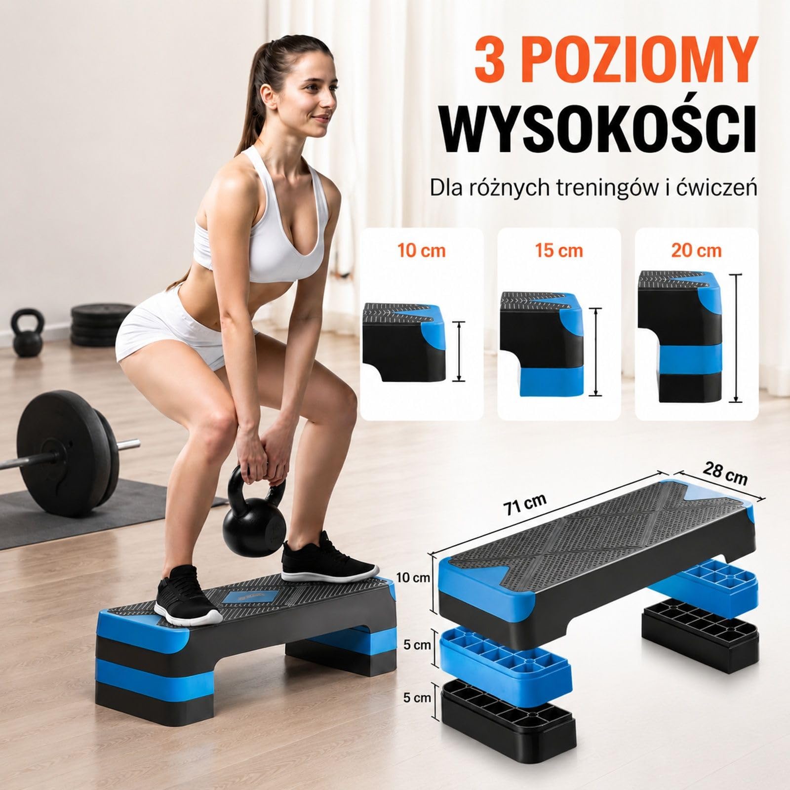 Regulowany step do aerobiku z PP, niebiesko-czarny podest do ćwiczeń w domu, cardio i treningu siłowego