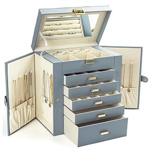 KAMIER Jewelry Box for Women 6-Layer Large Jewelry Organizer Box with Mirror 5 Drawers for Rings Earrings Necklaces