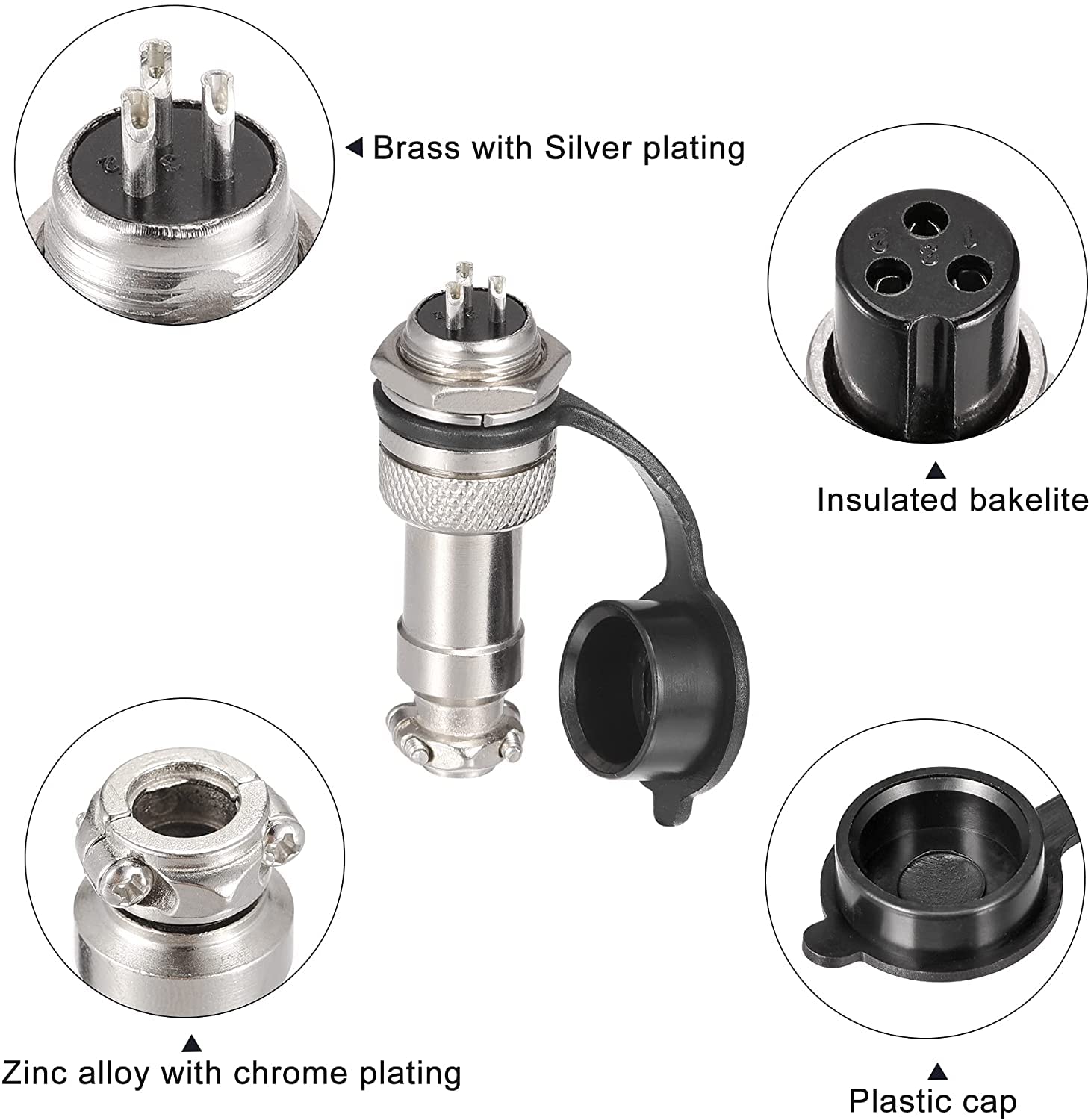 Connecteur d'aviation 16 Pcs, 12-3, Fiche mâle femelle, 3 broches, 5A, 12mm, Métal et Plastique, Argent, Noir