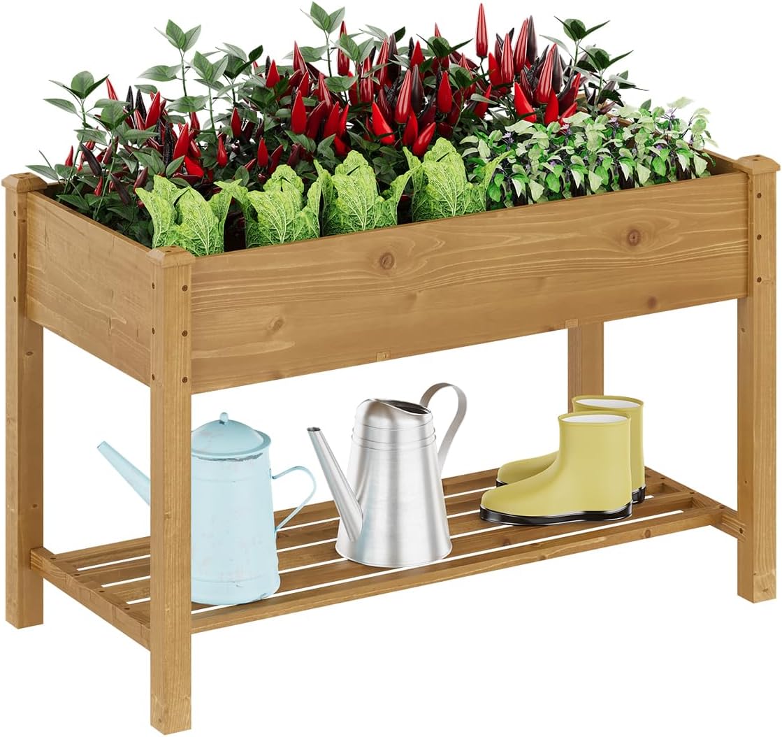 Raised Garden Bed with Legs Wood Elevated Planter Box Gardening Outdoor Planter Box Patio Kit Planting Bed for Vegetables Flowers Herbs Outdoor for Patio Balcony Backyard 48x24x30.7in (Brown, M)