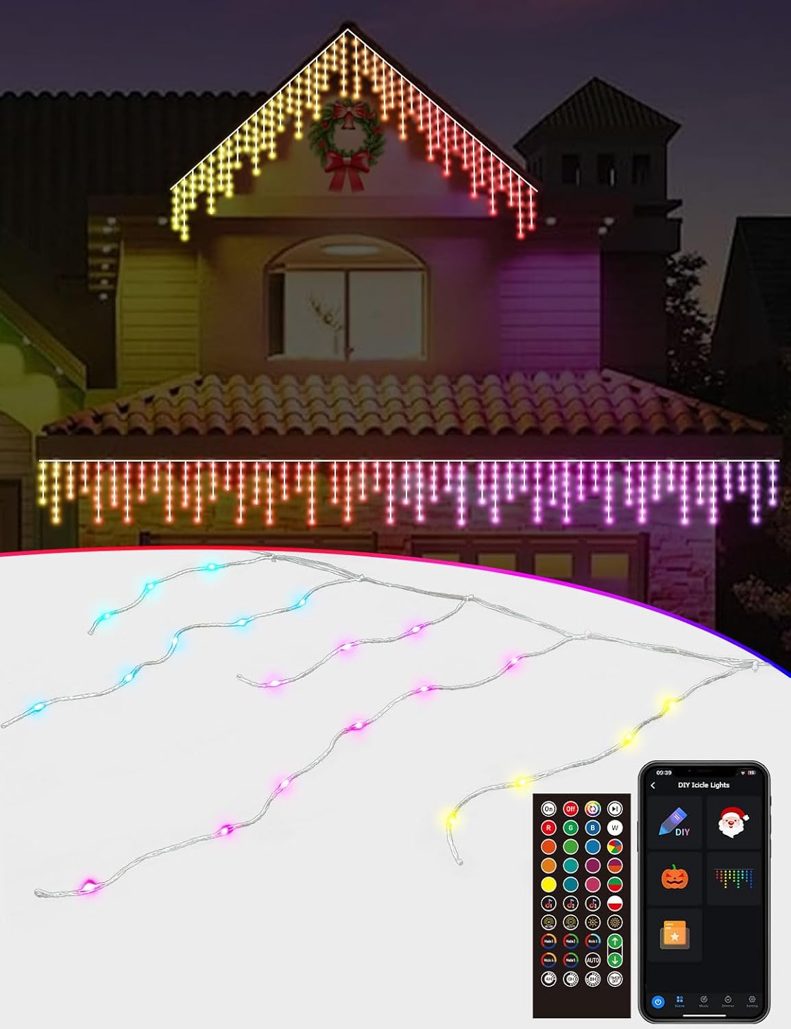 Smart Christmas Icicle Lights for Outside 66FT, DIY LED Icicle Christmas Lights Outdoor, RGBW Chasing Effects, App Remote Control, 100+ Scenes with Music Sync Timer for House Roof Holiday Decorations