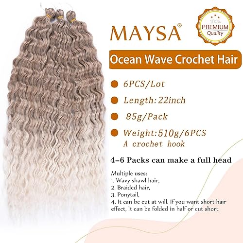 Miniatura 2 de MAYSA Cabello rizado de ganchillo marrón ombré, pelo sintético de ganchillo con ondas oceánicas, 22 pulgadas, 6 paquetes de extensiones de cabello