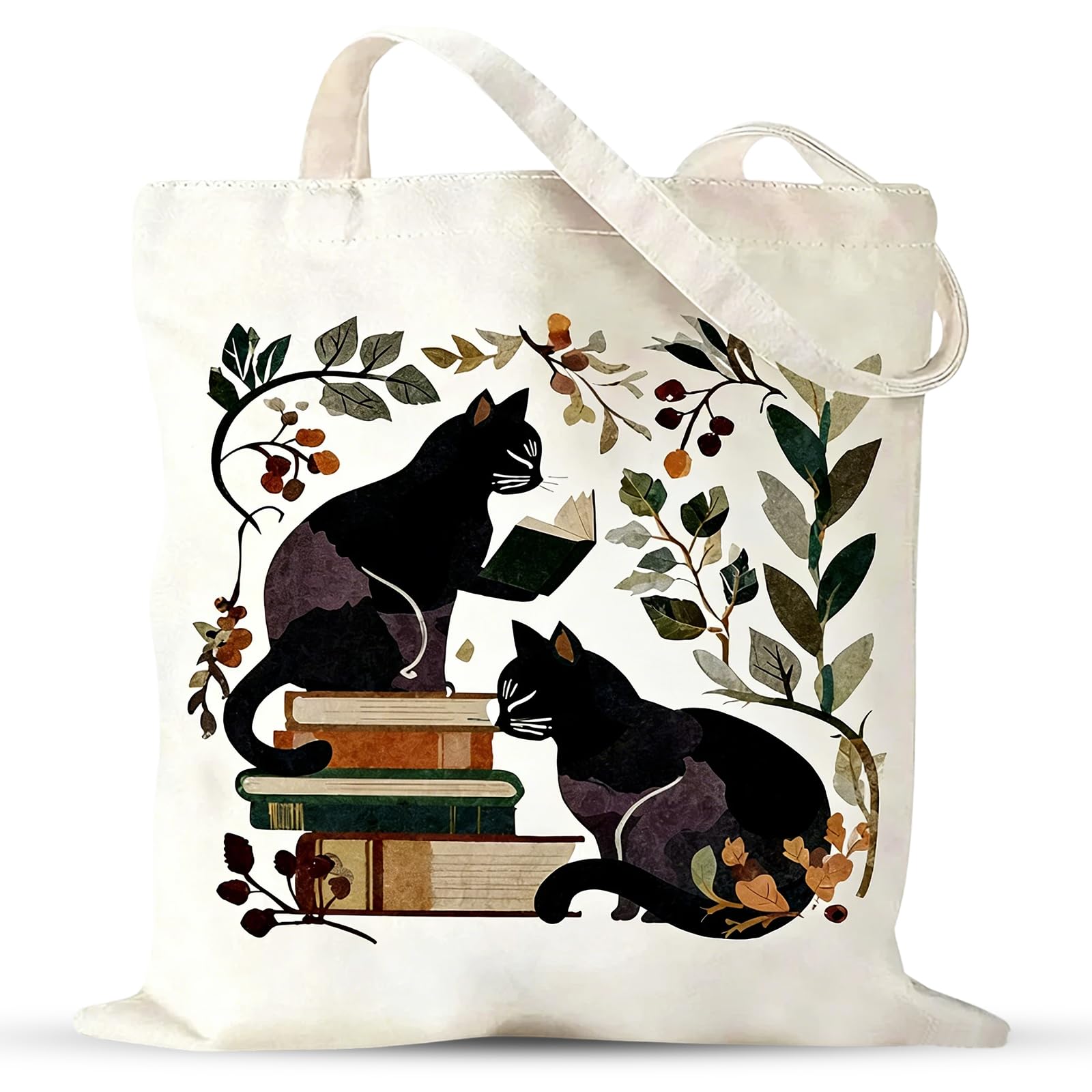 Clyrax Cat Tote Bag, Cute Black Cats and Book Canvas Tote Bag with Large Capacity, Canvas Bags Durable Heavy Duty for Women Girls, Cat Gifts for Cats Lovers, Readers Reusable Shopping (Beige)
