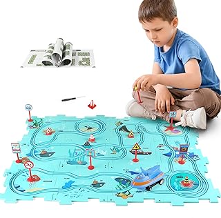 Puzzle Track Car Play Set, Plastic Puzzles for Kids Ages 3-5 with Vehicles, Electric Trolley Puzzle, Car Tracks for Toddlers, Toys Gifts for 3 4 5 6 Year Old Boys Girls