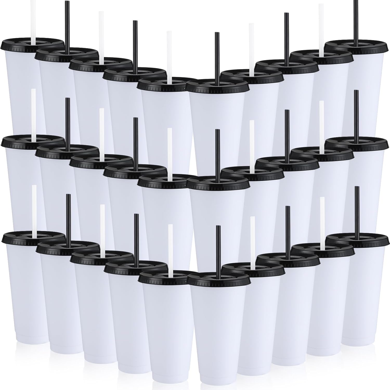 Honeydak 30 Pack Tumbler with Straw and Lid Bulk Water Bottle Iced Coffee Travel Mug Cup Reusable Plastic Cups for Party Birthdays 24-27 oz (Black and White Color)