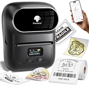 Phomemo M108 Label Maker Barcode Label Printer Bluetooth Portable Thermal Sticker Printer for Small Business, Address, Logo, Clothing, QR Code, Compatible with Phones & PC, with 2 Roll Labels Black