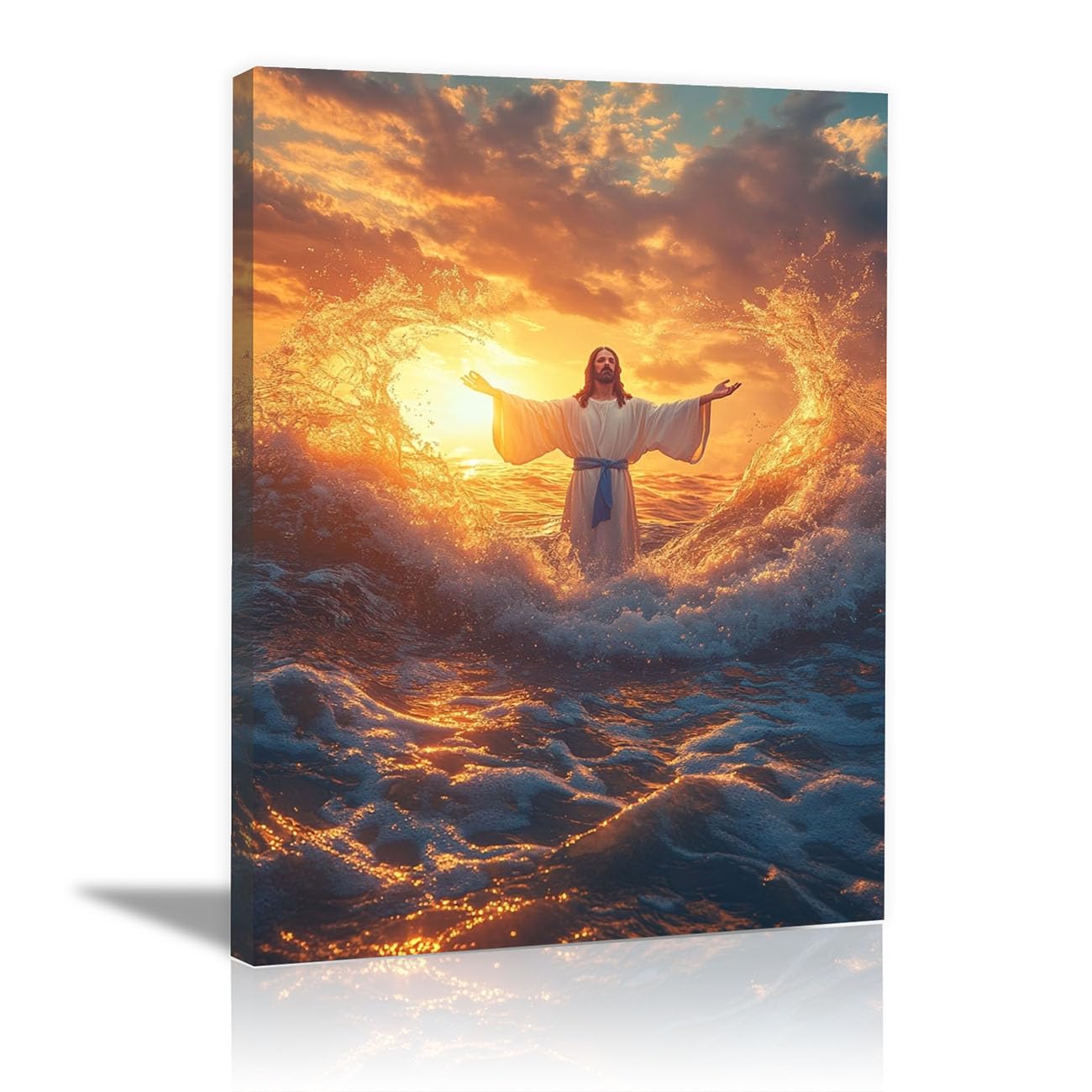 QUSAAOU Jesus Wall Jesus in Sunset Waves Decor Vintage Religious Prints Painting Neutral God Poster Artwork Living Room Bedroom Hallway Home Decoration(orange)-20x30cm Framed